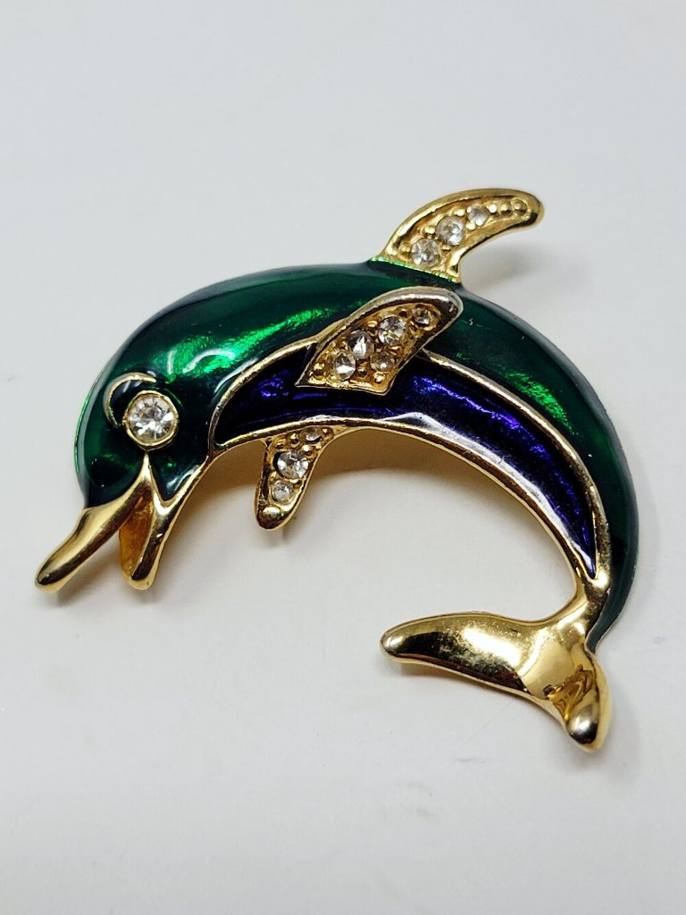 Vintage Enamel Rhinestone Dolphin Gold Tone Brooch